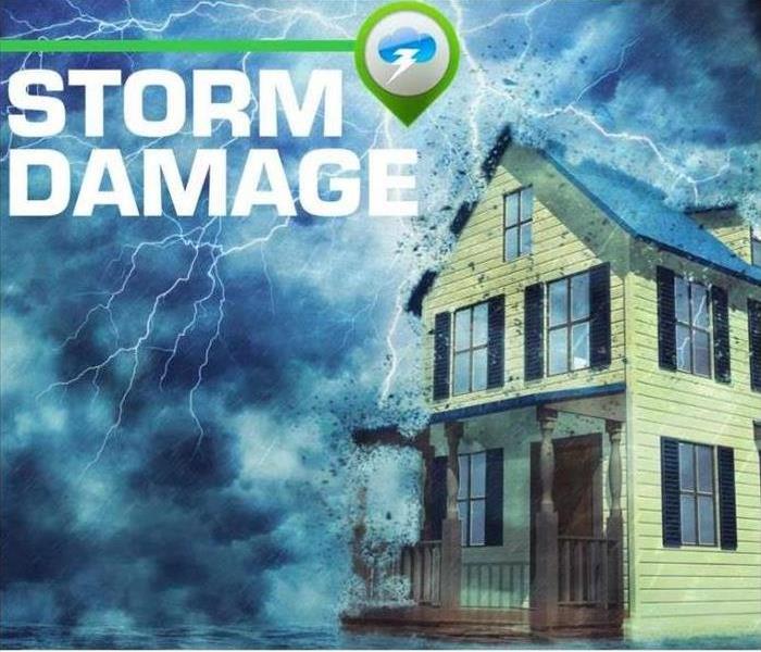 storm around a house with storm damage text